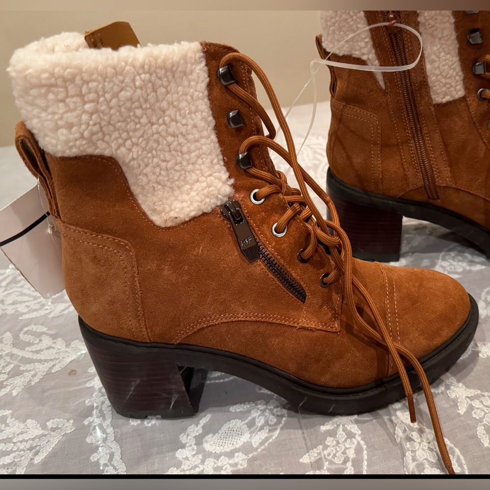 NWT Mark Fisher Cognac faux fur Suede heeled boots. Size: 8M